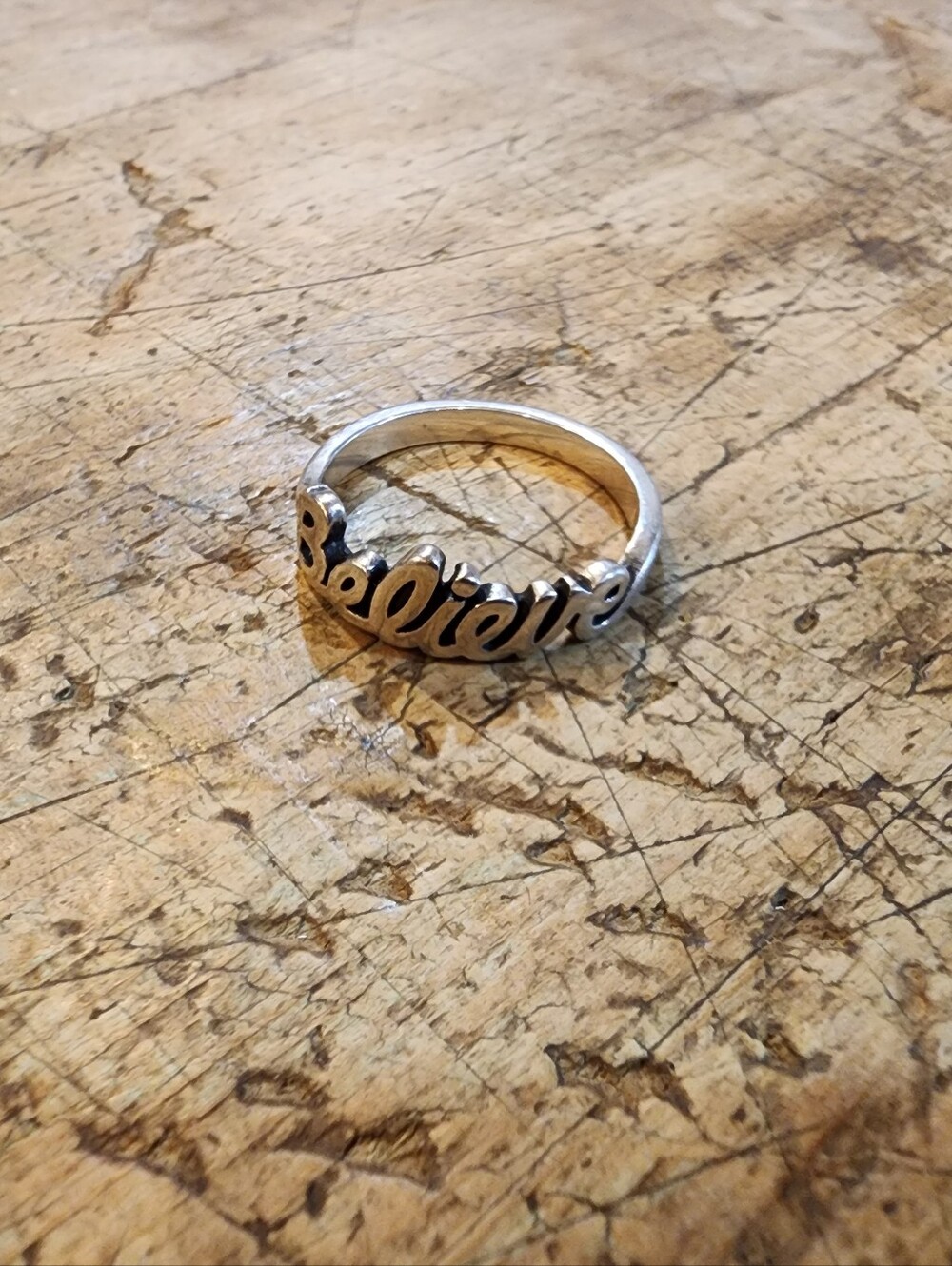 Believe Script Sterling Silver Ring